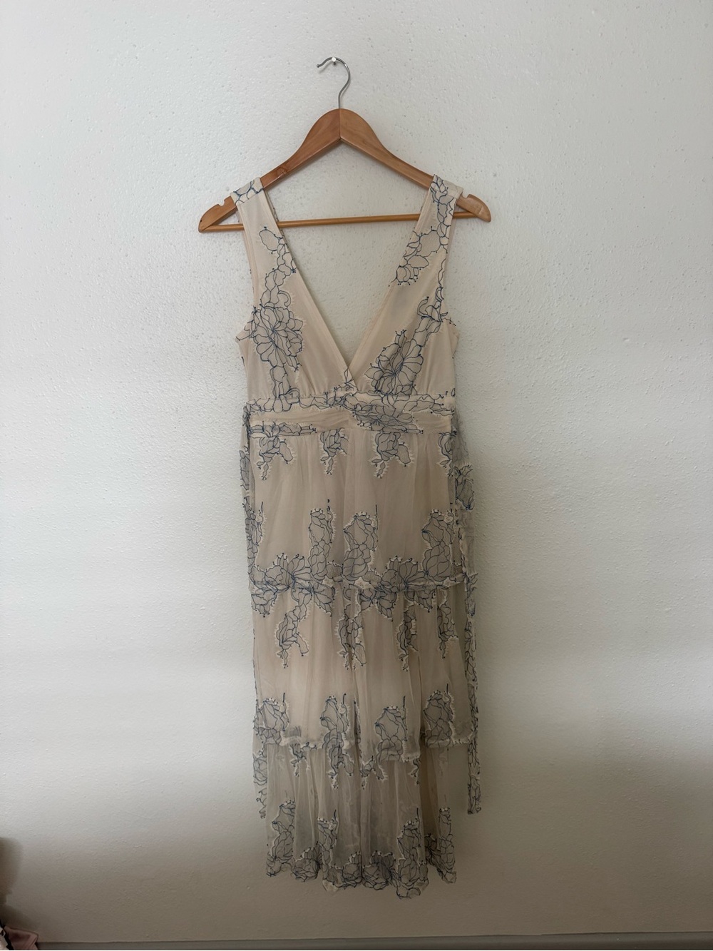 Lulu's Cream Midi Dress with Blue Floral Embroidery